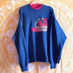 Vintage 90's Embroidered Basket of Apples Navy & Red Blue 3X Double Neck Crew